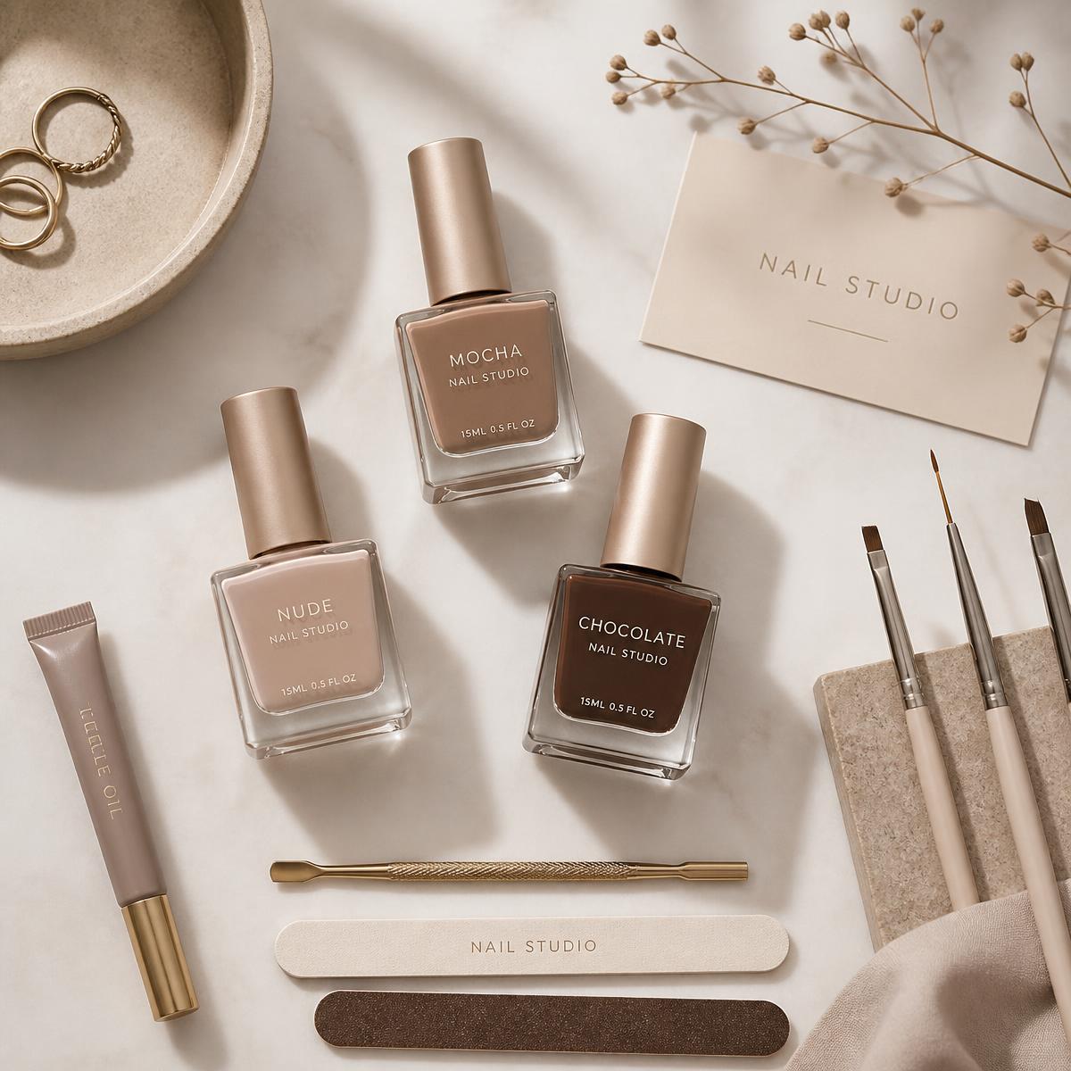 Materiais de manicure em tons nude e chocolate